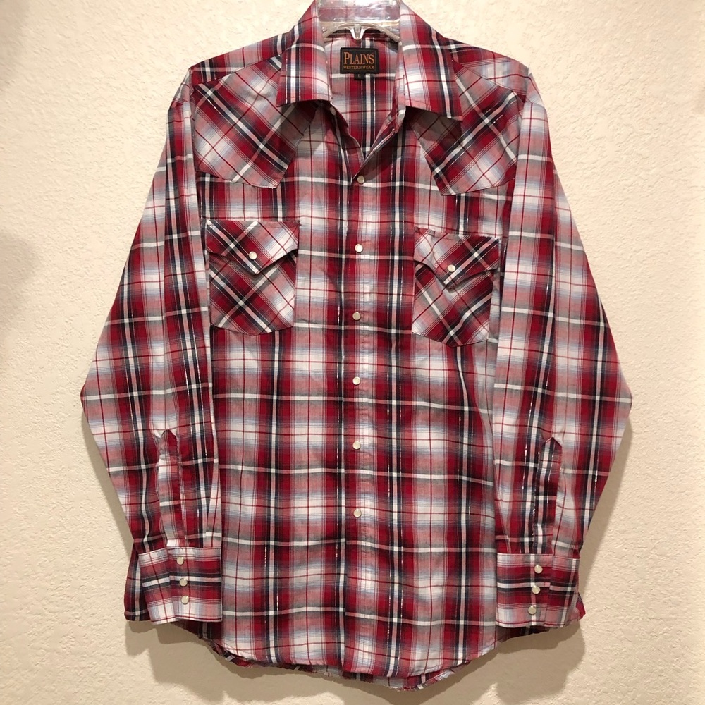 Plains Western Wear Men's Long Sleeve Pearl Snap Button Down Shirt Red Plaid L